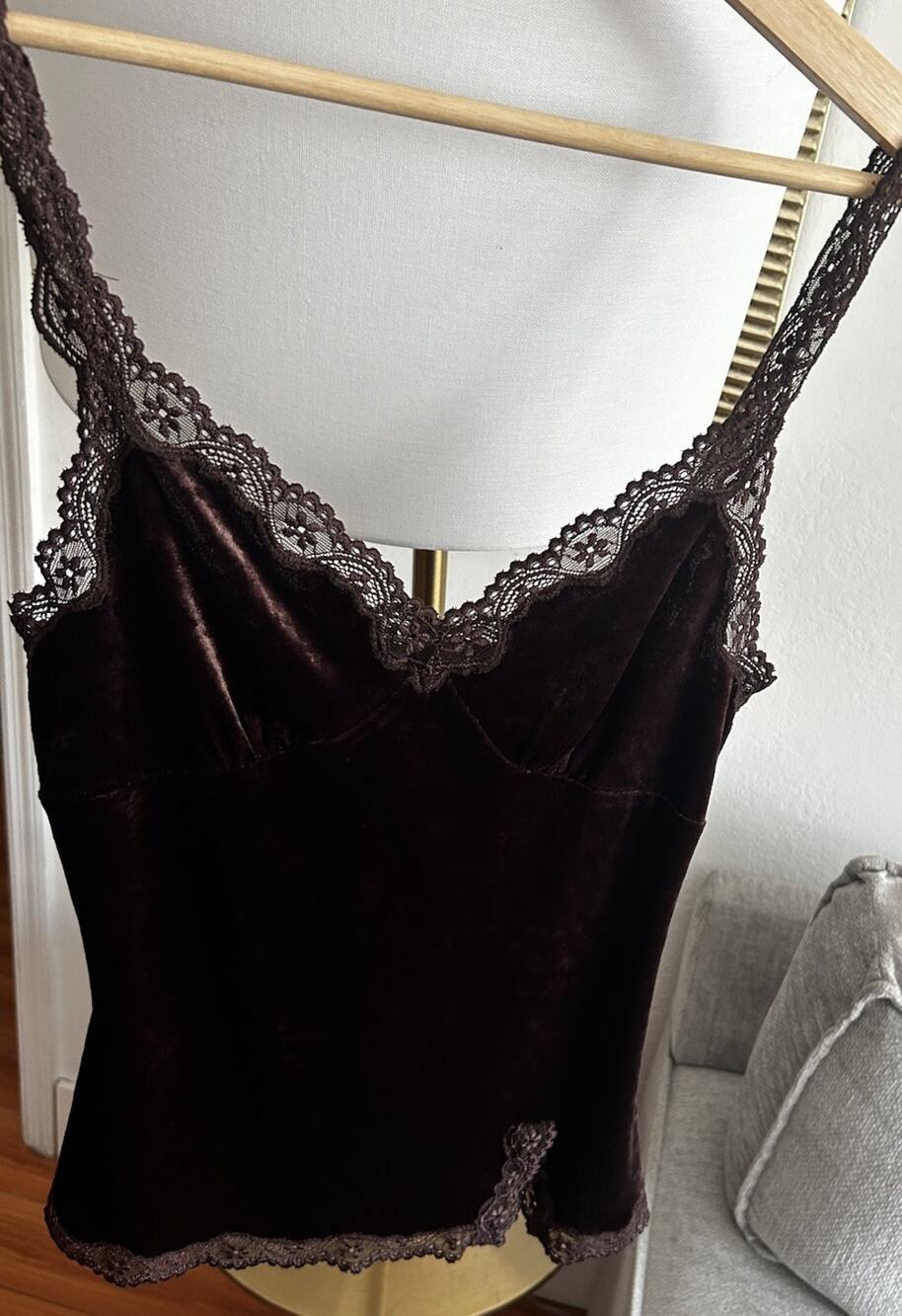 VTG Express Brown Velvet Babydoll Cami Women xs Lace Trim Y2K Sexy Whimsigoth